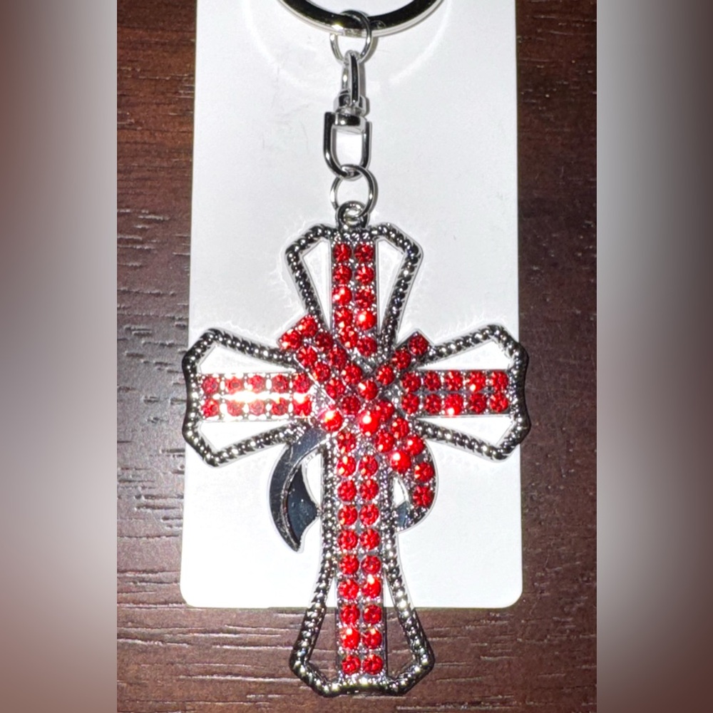 Red Rhinestones Cross Handbag Charm NIP Christian Faith Silver Tone Keychain